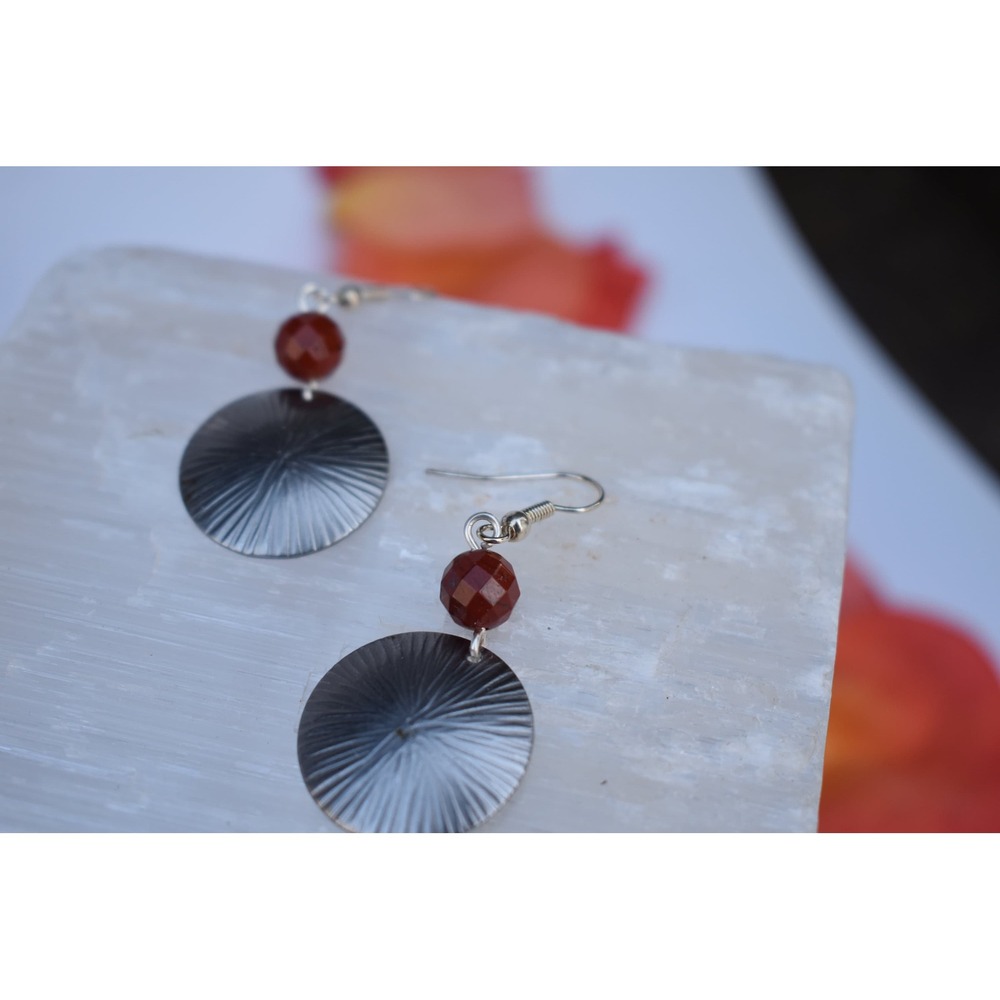 simple silver disc and red jasper natural stone bead earrings